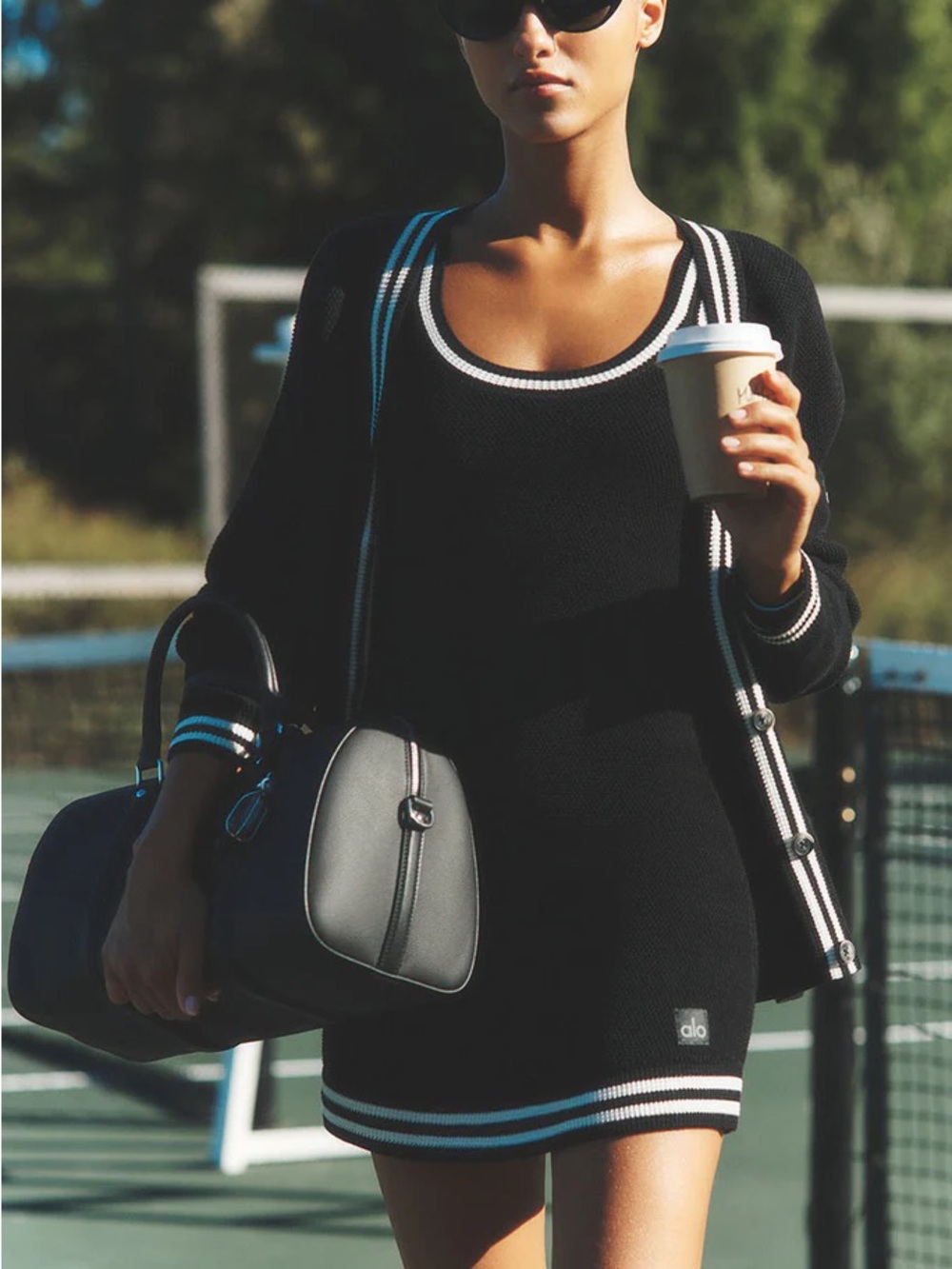 ALO Yoga Tennis Club Sweater Knit Mini Dress Black Ivory XS